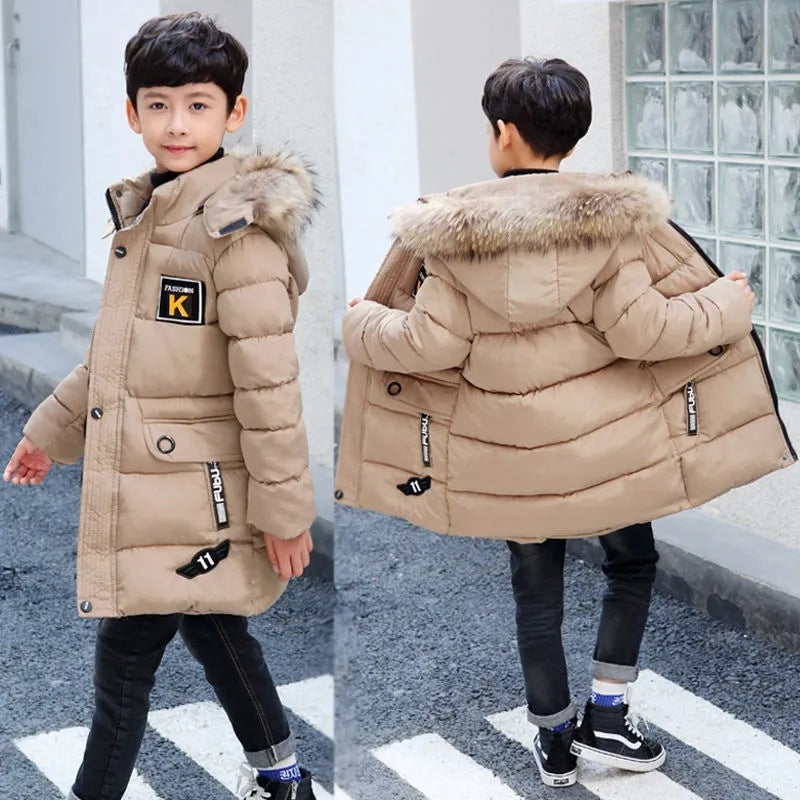Manteau à capuche en coton pour enfant avec col en fourrure et veste matelassée en coton