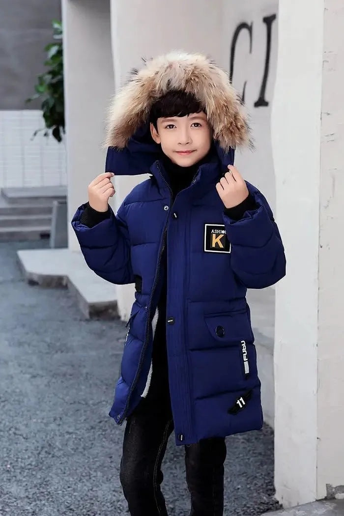 Manteau à capuche en coton pour enfant avec col en fourrure et veste matelassée en coton