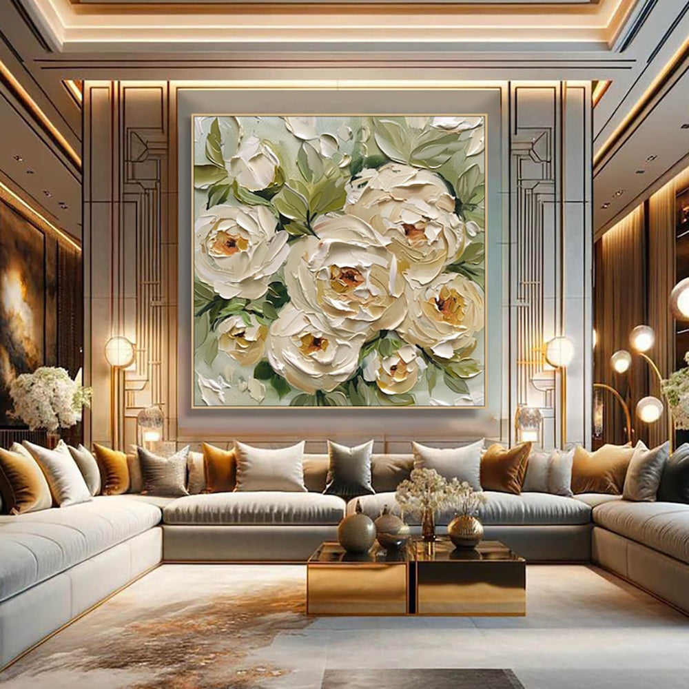 Peinture à l’huile abstraite faite à la main sur toile — Art mural moderne à la peinture épaisse représentant des feuilles vertes et des fleurs de roses jaunes, idéale pour la décoration intérieure.