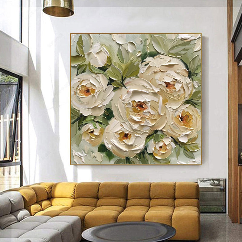Peinture à l’huile abstraite faite à la main sur toile — Art mural moderne à la peinture épaisse représentant des feuilles vertes et des fleurs de roses jaunes, idéale pour la décoration intérieure.