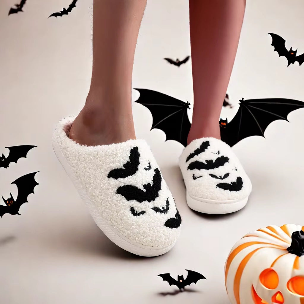 Chaussons d’intérieur unisexes en polaire – Motif Halloween/Noël, semelle épaisse, broderie chauve-souris, chauds et confortables