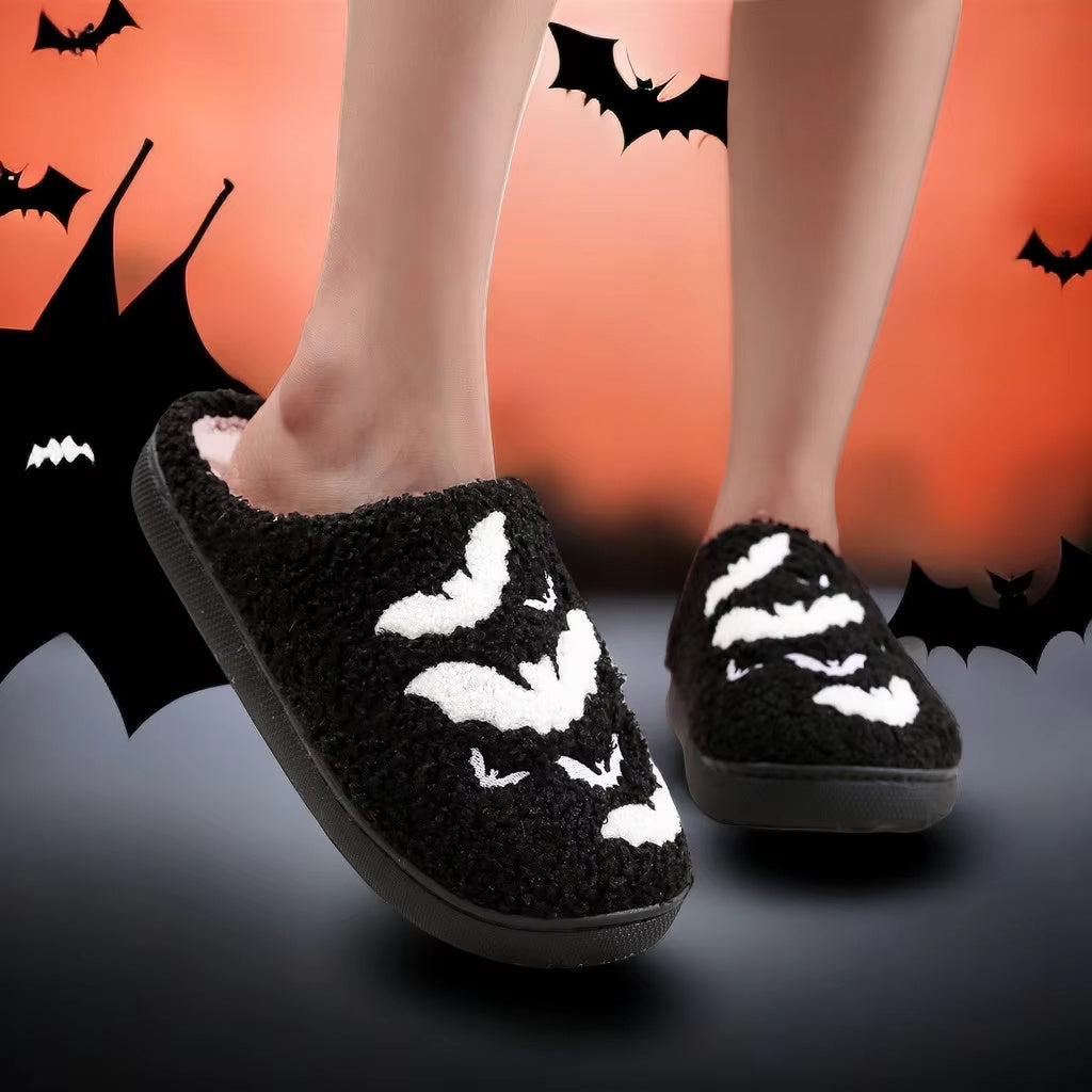 Chaussons d’intérieur unisexes en polaire – Motif Halloween/Noël, semelle épaisse, broderie chauve-souris, chauds et confortables