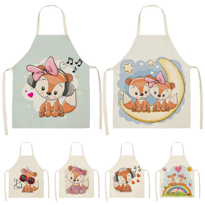 Tablier de cuisine en coton-lin motif renard arc-en-ciel kawaii